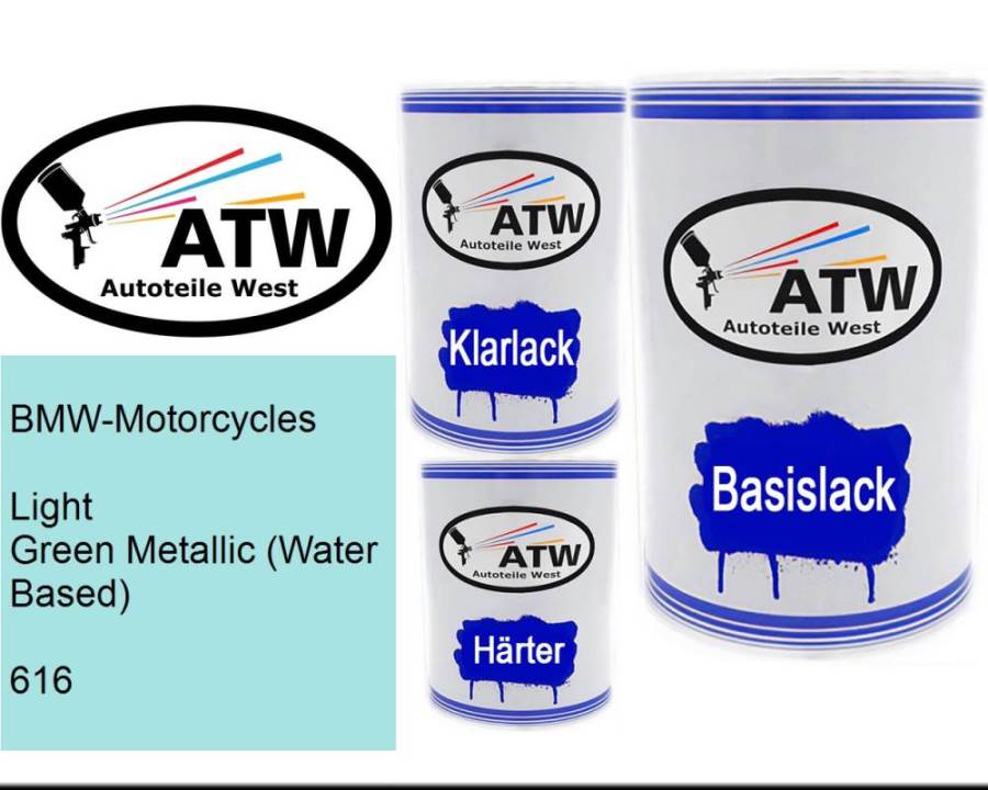 BMW-Motorcycles, Light Green Metallic (Water Based), 616: 500ml Lackdose + 500ml Klarlack + 250ml Härter - Set, von ATW Autoteile West.